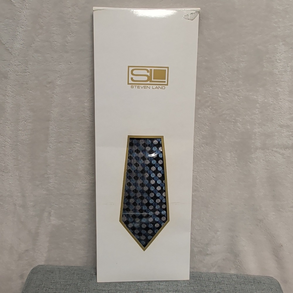 New Steven Land RHM Premier Mens Blue Silver‎ Geometric Silk Tie Made in Italy